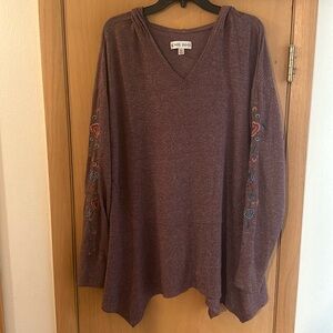 Knox Rose Women’s Floral Embroidered Hooded Tunic Top Mauve Pink Size XL